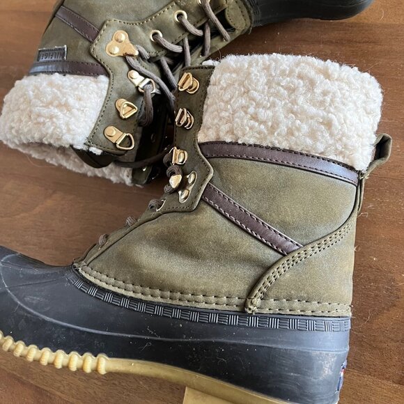 Tommy Hilfiger Womens Duck Boots Green Faux Fur Size 8 M Gold Tone Plush Lined - Picture 4 of 10